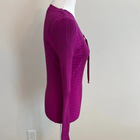 INC Women's Magenta Lace-Up Ribbed Sweater - Picture 7 of 8